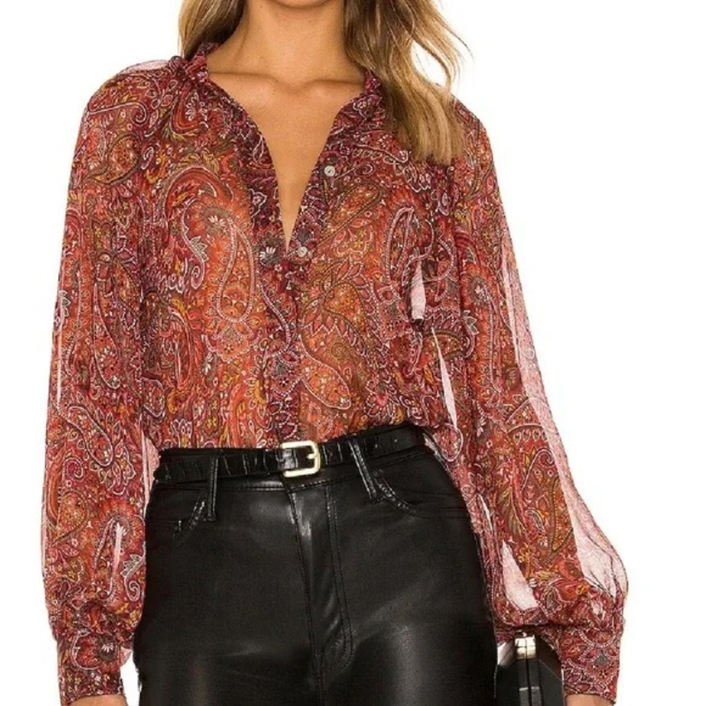 Paisley Print Sheer Blouse - Red